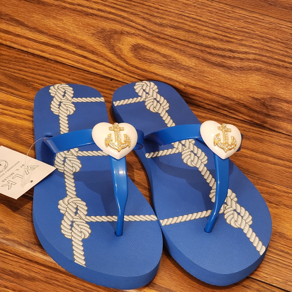 WLK By S.Miller Royal Blue Rhinestone Anchor Women's Flip Flop Sandals Size 10 - Picture 3 of 12